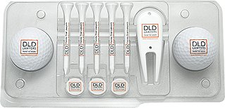 Tournament pack with custom golf balls, logo golf tees, and divot tool