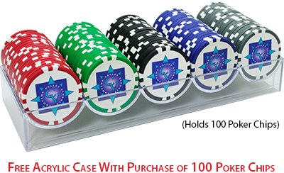 100 Promotional poker chips in red, green, black, blue, and gray, branded with a business logo