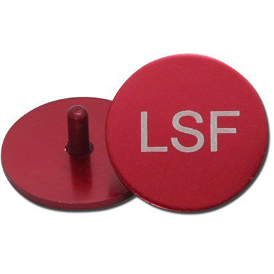 Aluminum engraved ball marker in red with the text LSF engraved