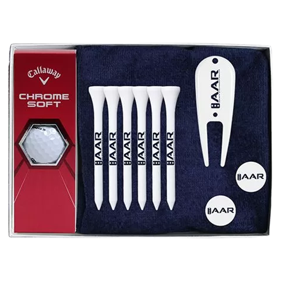Ball and towel golf tournament pack with personalized tees, divot tool, and ball markers