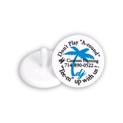 Plastic golf ball marker customized with a logo, dime size