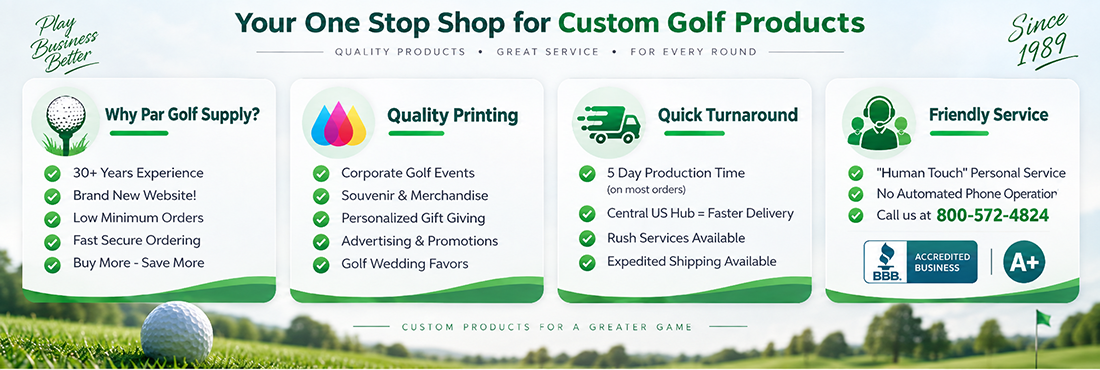 Banner bullet point icons, Why Par Golf Supply? 30+ Years Experience, Brand New Website! Low minimum Orders, Fast Secure Ordering, Buy More - Save More, Quality Printing, Quick Turnaround, and Friendly Service