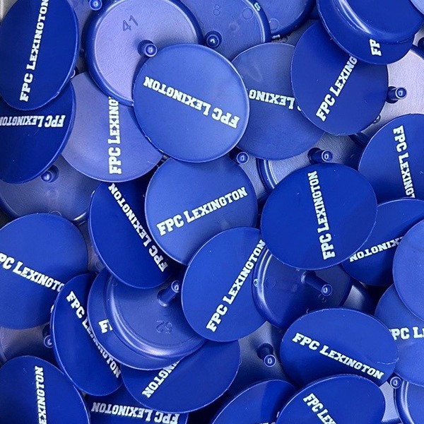 Blue Custom golf markers printed with company branding