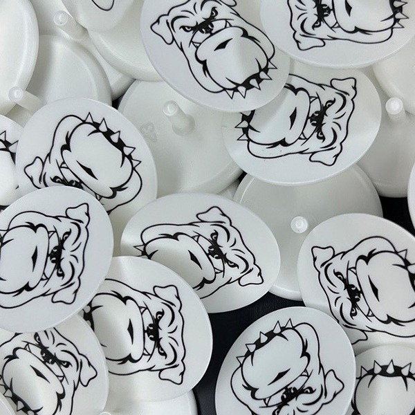 Custom ball markers printed with bull dog logo