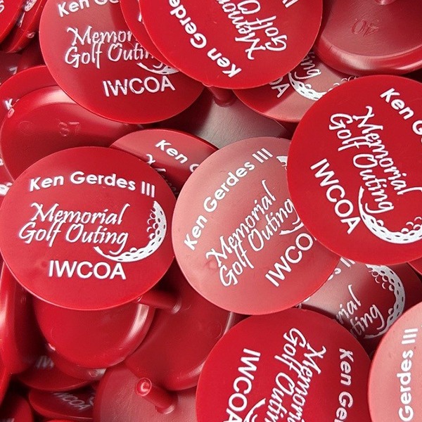 Red Personalized golf markers printed with a memorial logo