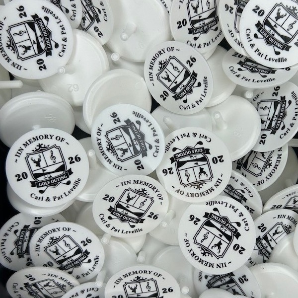 Personalized golf markers printed with a memorial logo 
