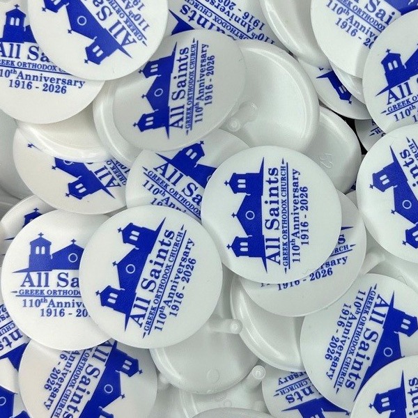 White custom ball markers printed in blue for a church anniversary
