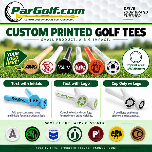 Logo golf tees featuring a variety of custom cup imprint styles