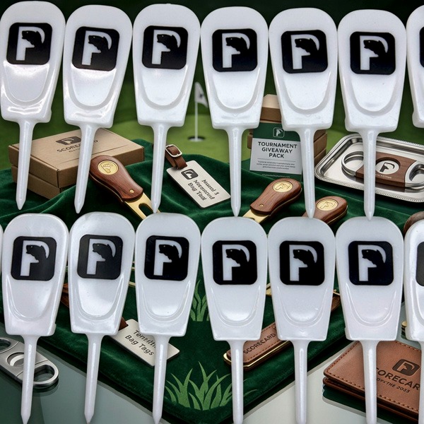 Black and white custom divot tools displayed with golf tournament gifts