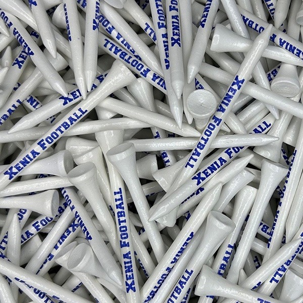 Branded bulk golf tees printed with blue custom lettering