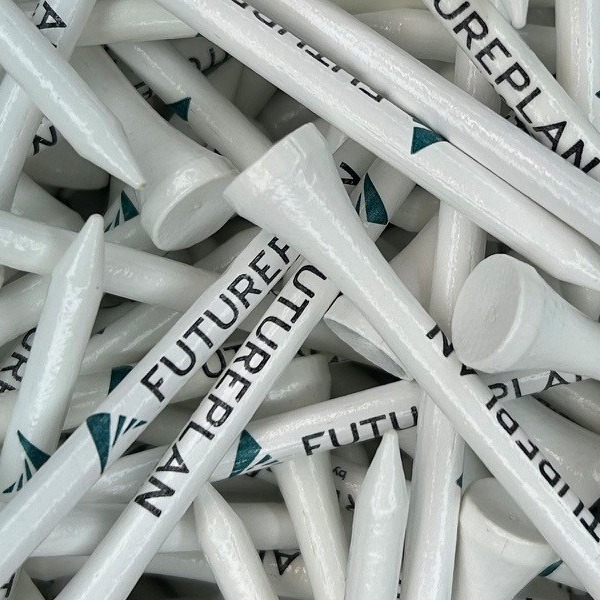 White wholesale golf tees printed with company branding