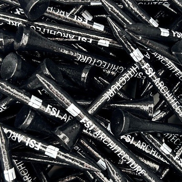 Black custom logo golf tees printed with company branding