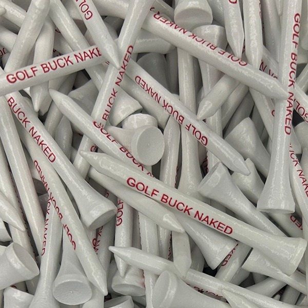 White custom golf tees printed with red lettering