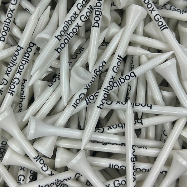 White logo golf tees printed with a navy company name