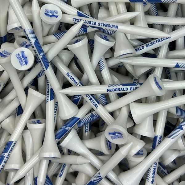 White golf tees with a blue stripe and a cup imprinted logo