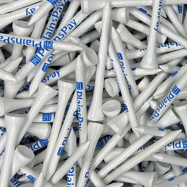 White branded golf tees featuring blue custom logo printing