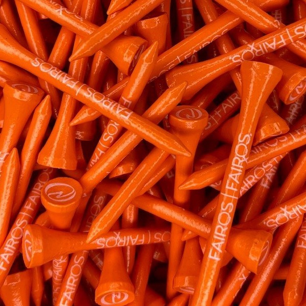 Orange custom golf tees printed with a white company name
