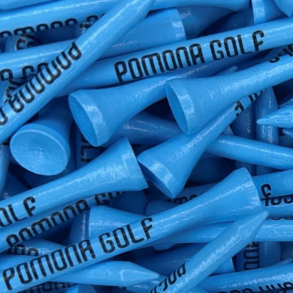 Light blue custom golf tees printed with a navy company name