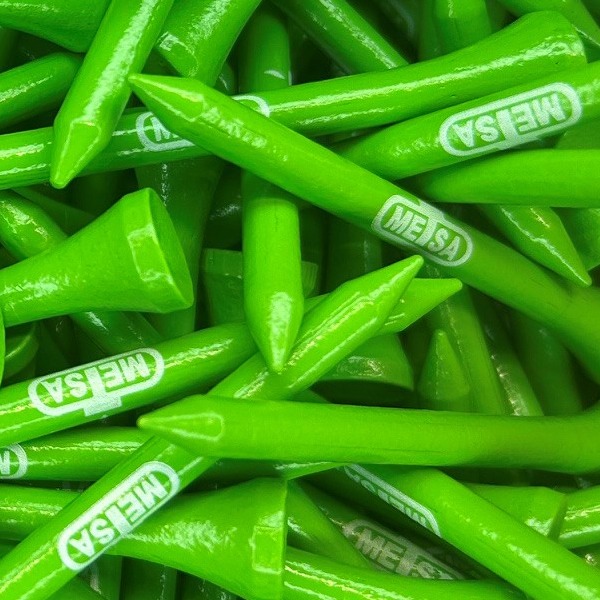 Lime green bulk golf tees printed with a white logo