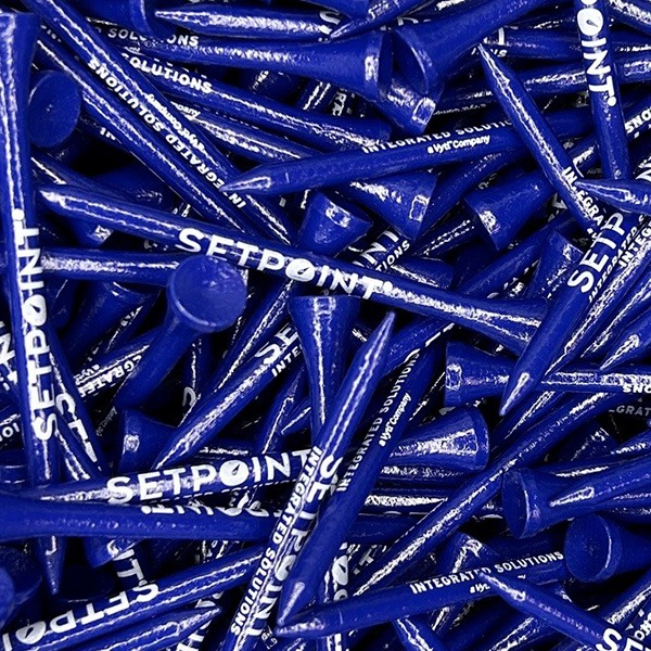 Blue bulk golf tees printed with white company branding
