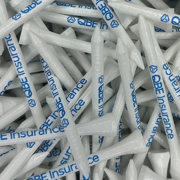 White custom golf tees printed with a blue insurance logo