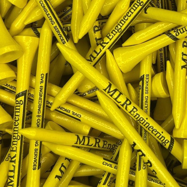 Yellow custom golf tees printed with a black engineering firm name