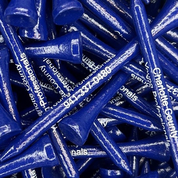 Blue branded golf tees printed with white lettering and a phone number
