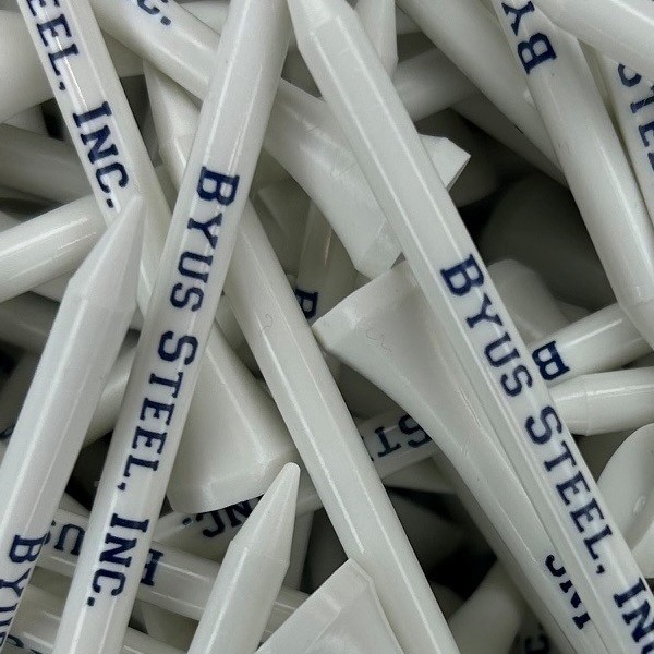 White bulk golf tees printed with a navy steel company name