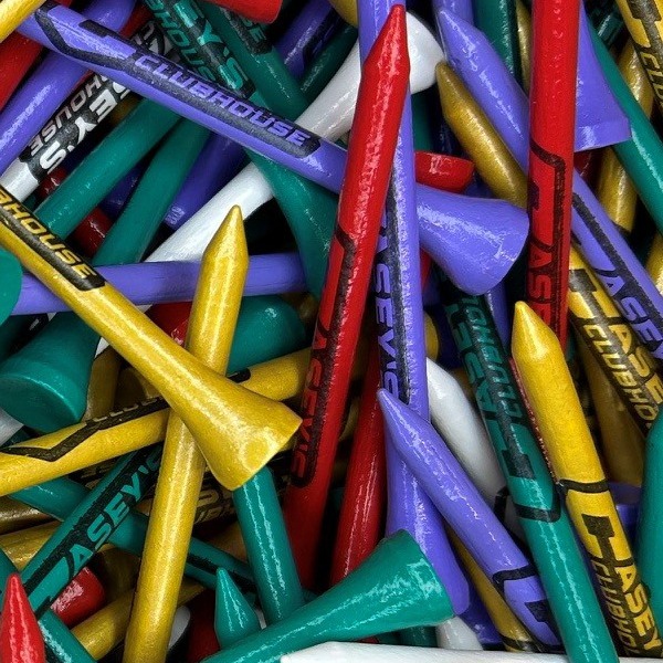Assorted color bulk golf tees printed with black lettering