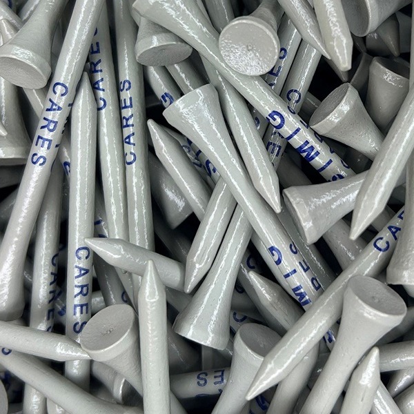 White wholesale golf tees printed with a gray logo