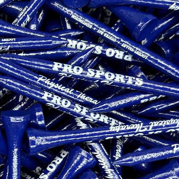 Navy blue golf tees printed with a white sports clinic logo