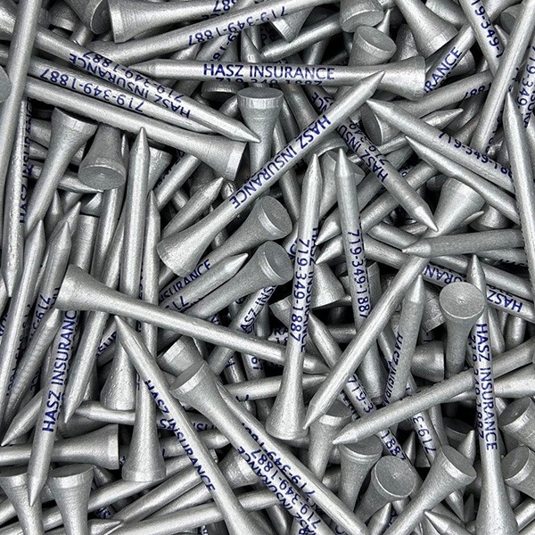 Silver custom golf tees printed with purple personalized lettering