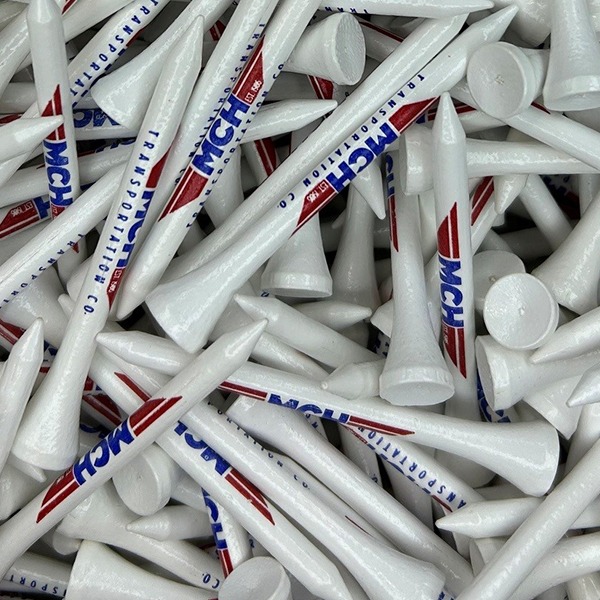 White custom golf tees printed with a red and blue logo