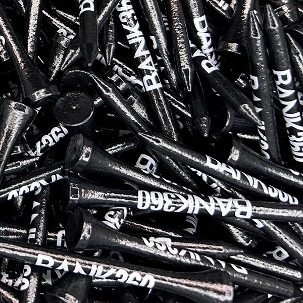 Black branded golf tees printed with white custom logos
