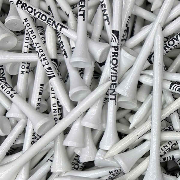 White custom golf tees printed with company branding