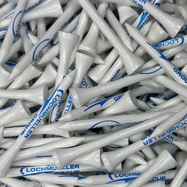 White custom golf tees printed with blue company branding