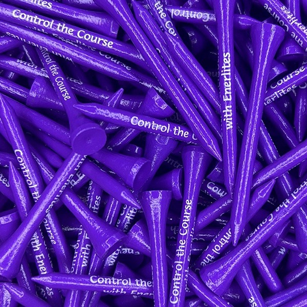 Purple custom golf tees printed with white company branding