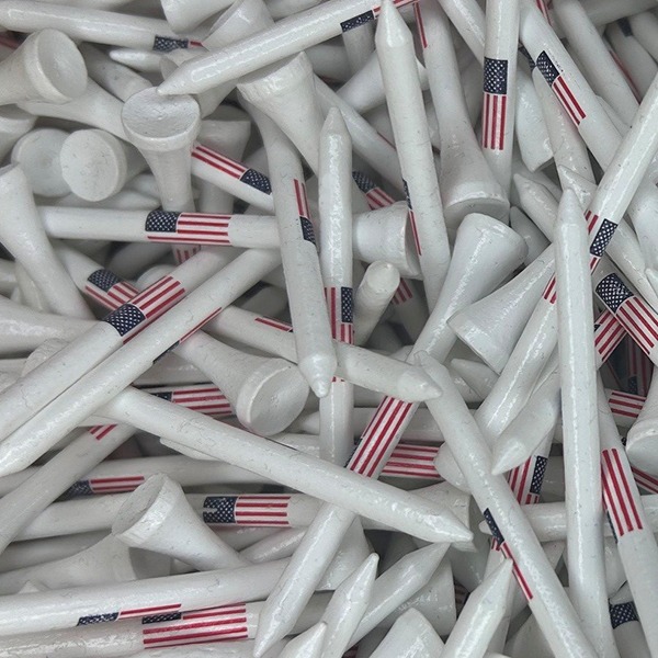 White custom golf tees printed with an American flag