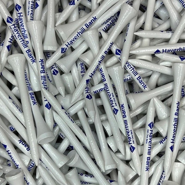 White custom golf tees printed with company branding
