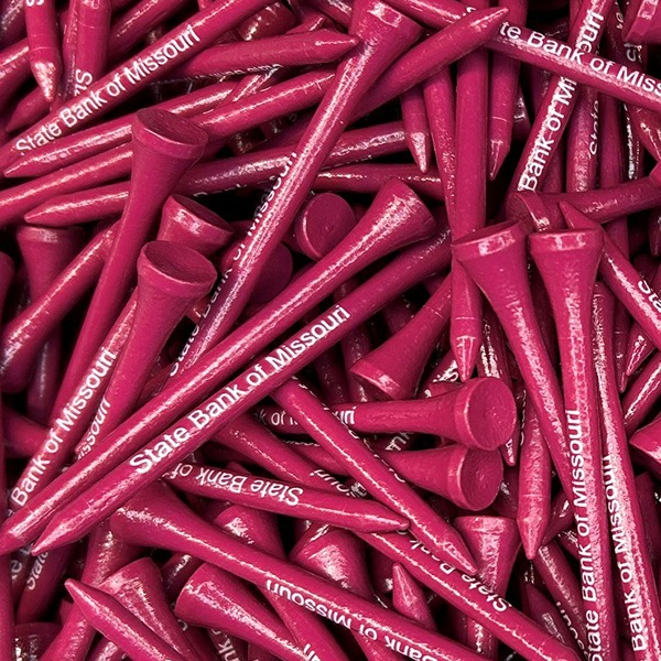 Pink personalized golf tees printed with company branding