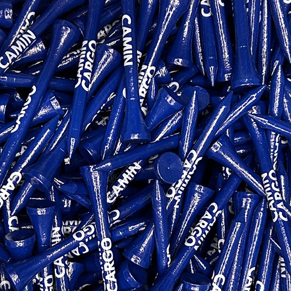 Blue personalized golf tees printed with company branding