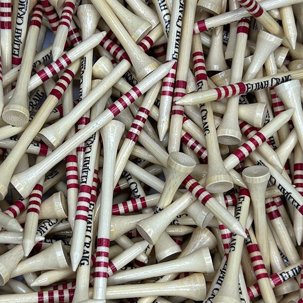 White personalized golf tees printed with red stripes & company branding