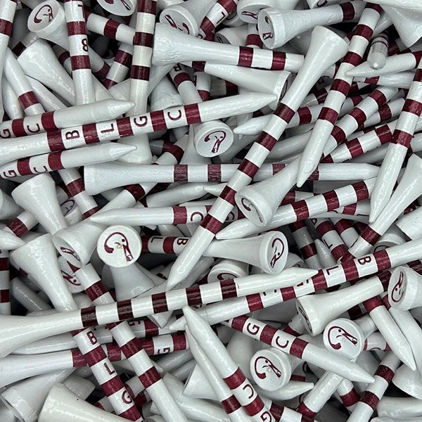 Personalized golf tees featuring burgundy lettering and matching cup imprints
