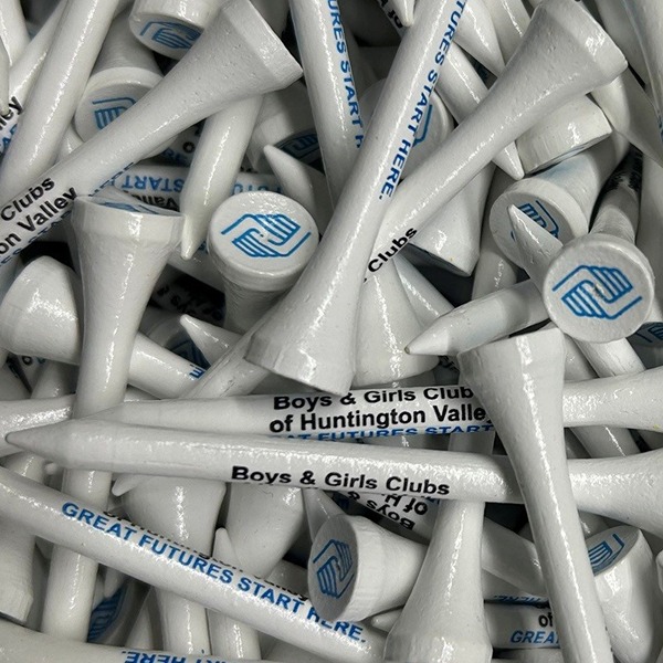 White personalized golf tees printed with company branding
