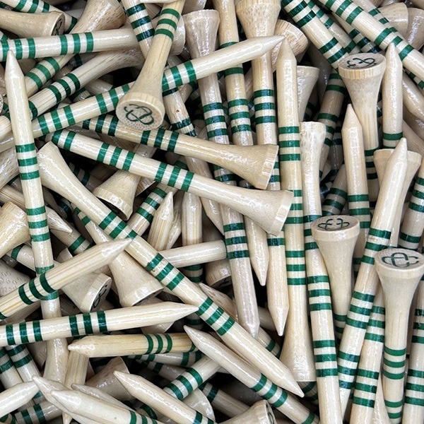 Natural wood custom golf tees with green stripes and logo cup imprints