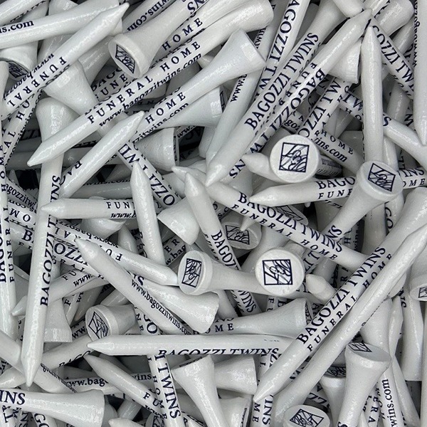 White custom logo golf tees printed with company branding