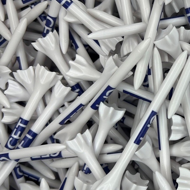 Plastic white logo golf tees printed with company branding