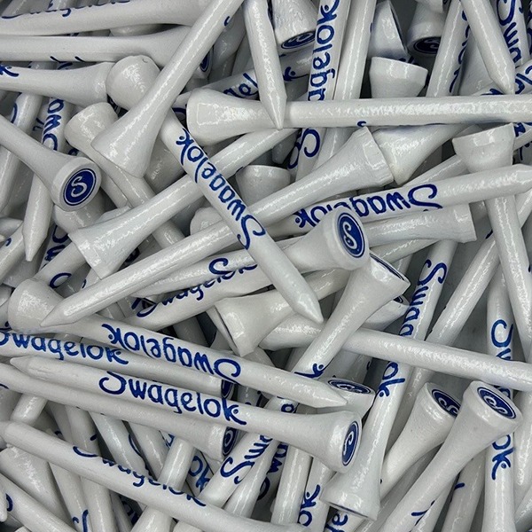 White branded logo golf tees printed with company branding