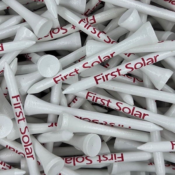 White logo golf tees printed with red company branding