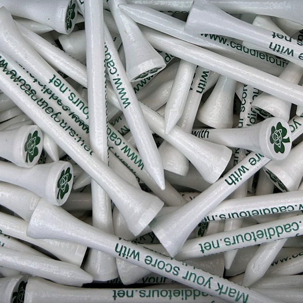 White personalized golf tees printed with company branding